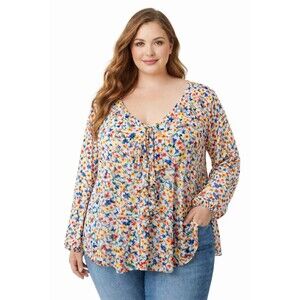 Democracy Women’s Blouse 1X Multicolor Long Sleeve Ruffle V-neck Peasant Boho